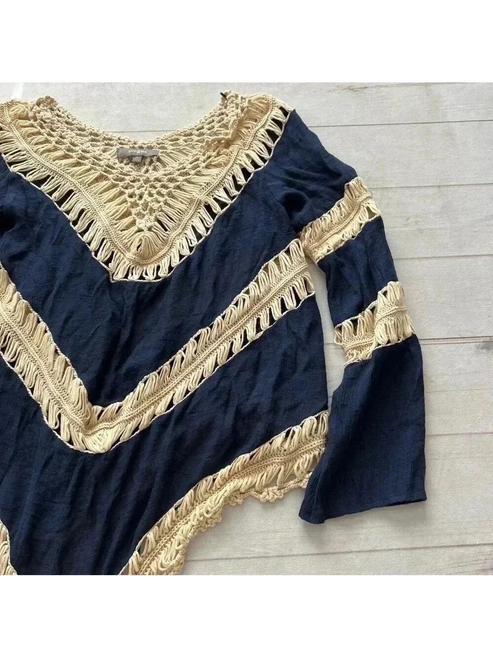 Umgee Long Sleeve Boho Crochet Sheer Top Navy Blue Size L Bohemian - Picture 13 of 14